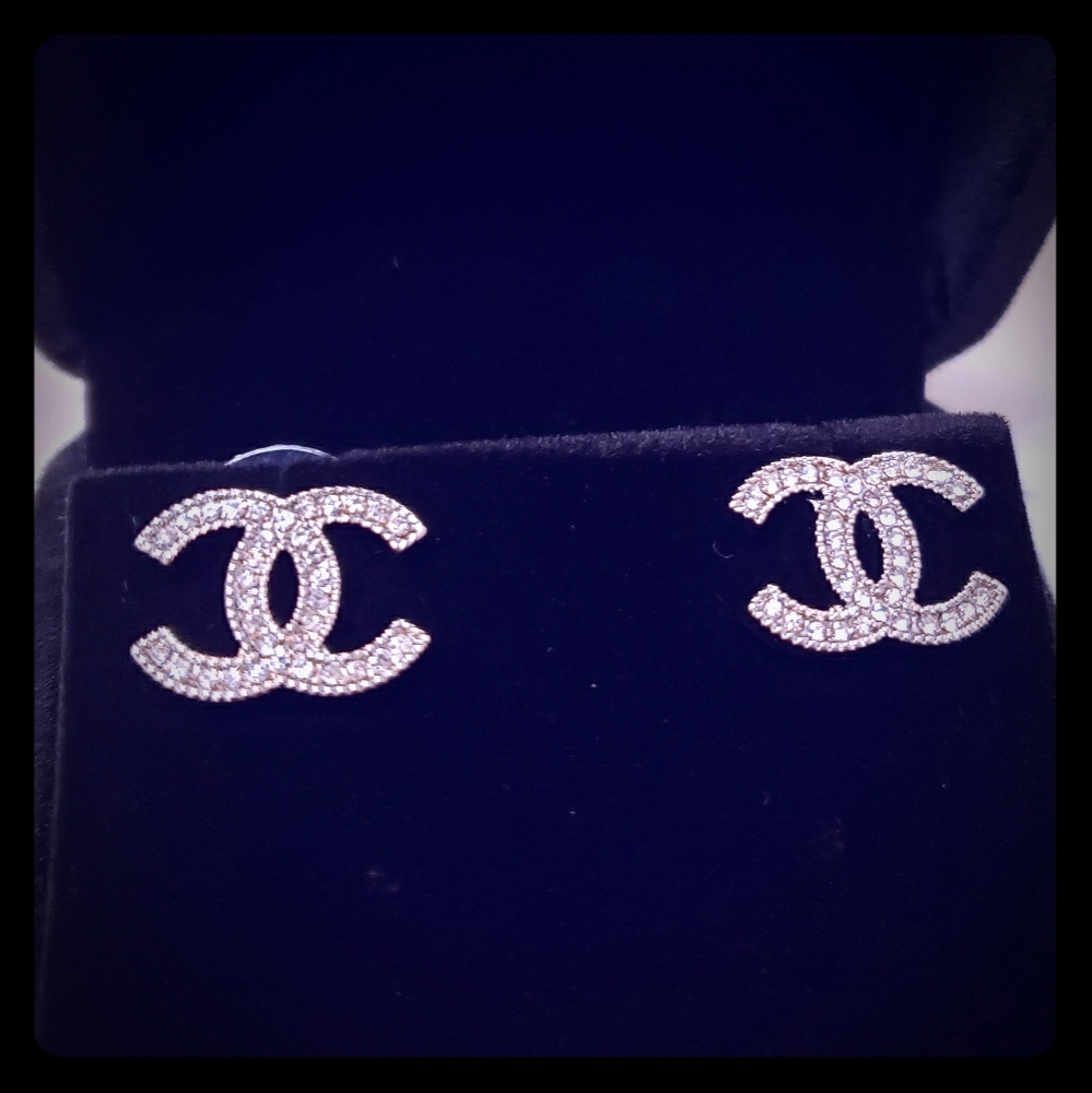 Vtg Coco Chanel silver crystal stud earrings
